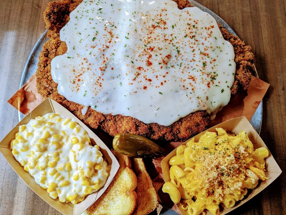 Chicken Fried Steak Cream Corn and Chicharron Mac
